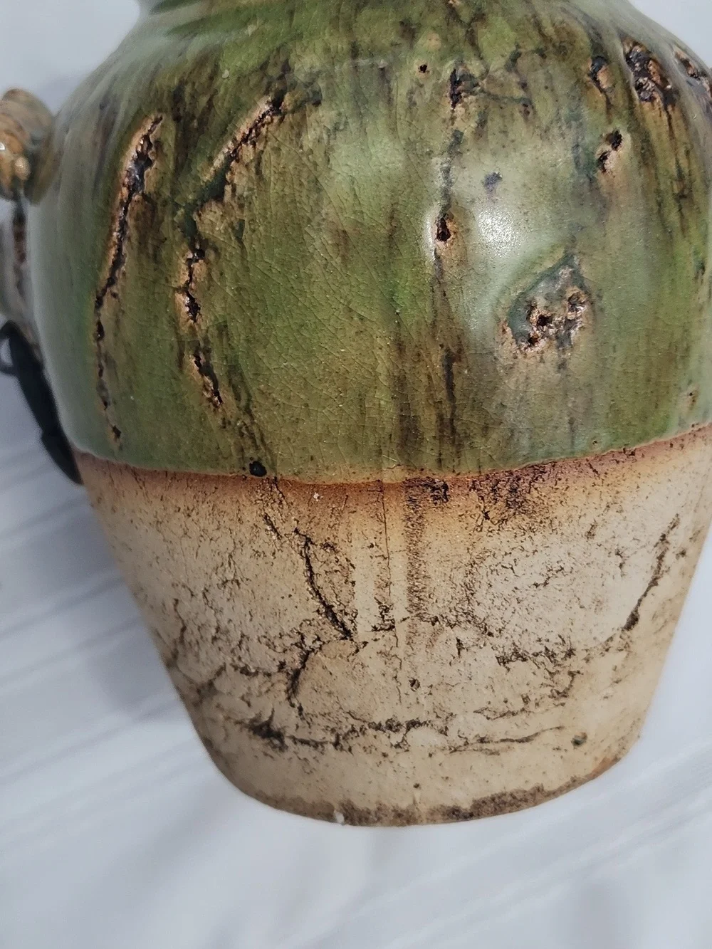 Green and Cream Rustic Clay Pottery Vase w/ Lion Heads & METAL Ring Side Handles